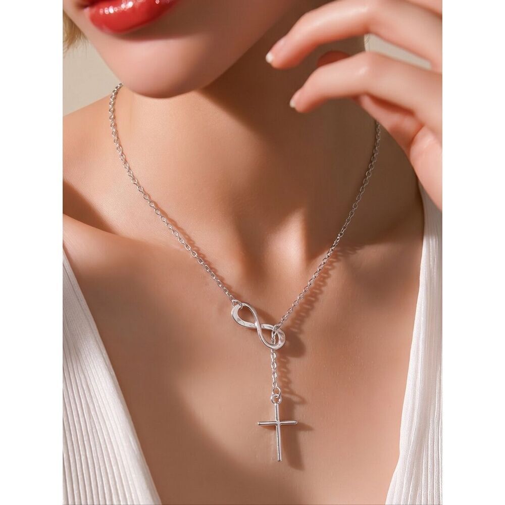 Silver Infinity Cross Lariat Necklace Stainless Steel Adjustable Cable Chain